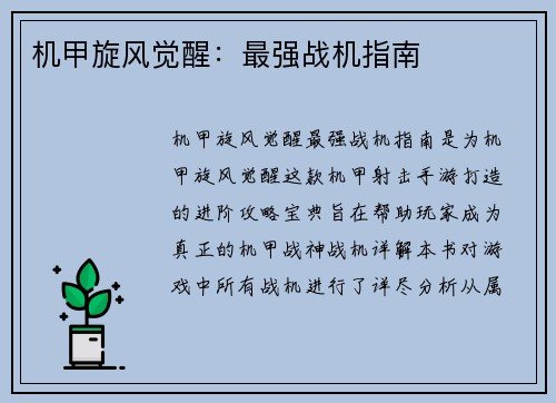 机甲旋风觉醒：最强战机指南